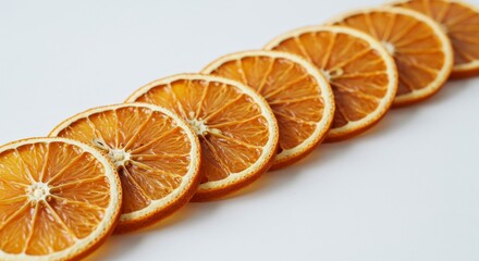 Dried orange slices arranged in a line on white background  