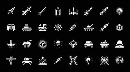 Collection of military and warfare icons on black background.