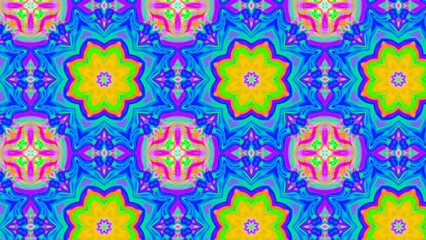 Seamless psychedelic kaleidoscope pattern with neon green, pink and orange mandala symmetry