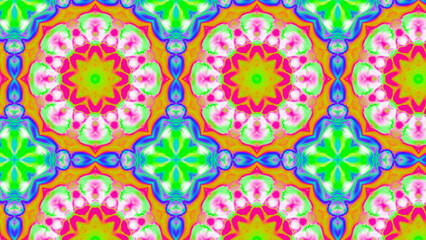 Seamless psychedelic kaleidoscope pattern with neon green, pink and orange mandala symmetry