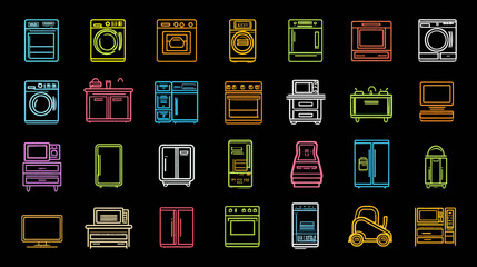 Collection of Neon Outline Icons Representing Home Appliances and Electronics.