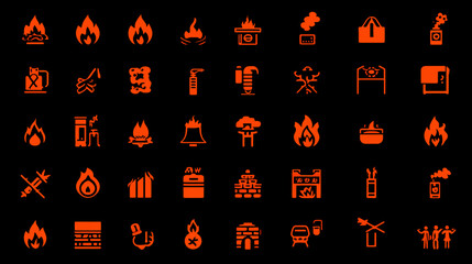Collection of orange flame icons on a black background for various purposes.