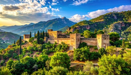 Obraz premium Ancient stone castle fortress perched on a sunlit hillside surrounded by lush green trees and distant mountains under a dramatic blue sky with golden hour lighting