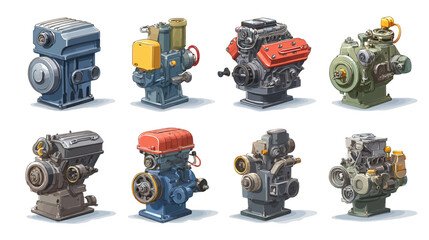 Collection of various car engines and mechanical parts on white background.