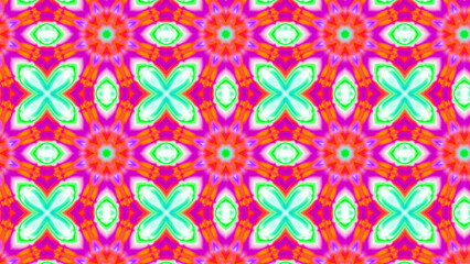 Seamless psychedelic kaleidoscope pattern with neon green, pink and orange mandala symmetry