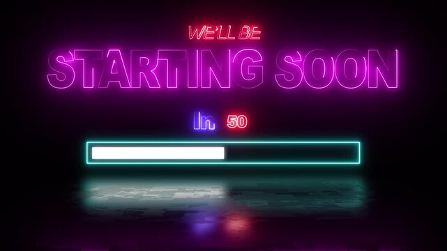 animated we'll be starting soon text in dual-color neon with timer and loading bar on dark floor background - for live stream intros and holding screens