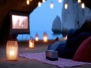 A couple enjoys a magical night at a beachside cinema, enveloped in warmth and tranquility under the moonlight