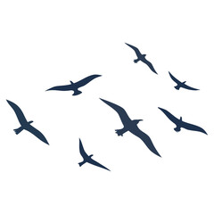 birds, flock of flying birds, silhouettes of birds in flight, minimalist bird illustration, dark bird shapes against white background, graceful bird movement, stylized avian imagery
