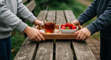 Two hands holding a wooden tray with tea and strawberries outdoors
