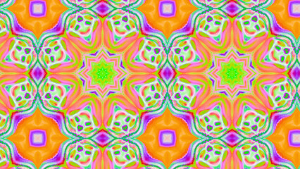 Seamless psychedelic kaleidoscope pattern with neon green, pink and orange mandala symmetry