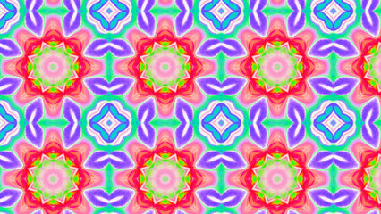 Seamless psychedelic kaleidoscope pattern with neon green, pink and orange mandala symmetry