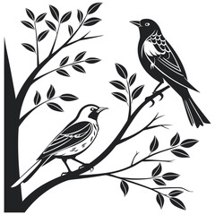 black and white birds on a tree branch, silhouette style, minimal design, nature illustration, minimalist art
