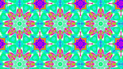Seamless psychedelic kaleidoscope pattern with neon green, pink and orange mandala symmetry