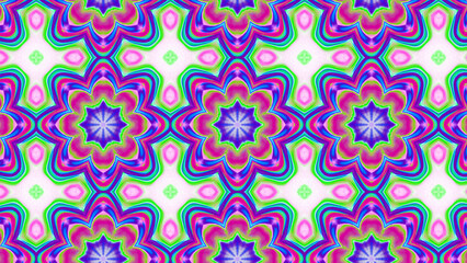 Seamless psychedelic kaleidoscope pattern with neon green, pink and orange mandala symmetry