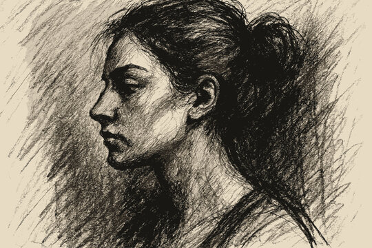 Profile vector charcoal shading bold illustration woman portrait heavy face hair