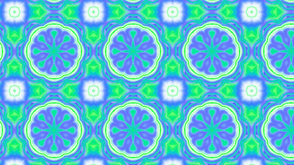 Seamless psychedelic kaleidoscope pattern with neon green, pink and orange mandala symmetry