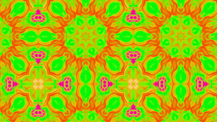 Seamless psychedelic kaleidoscope pattern with neon green, pink and orange mandala symmetry