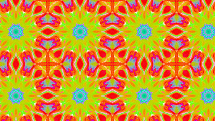 Seamless psychedelic kaleidoscope pattern with neon green, pink and orange mandala symmetry