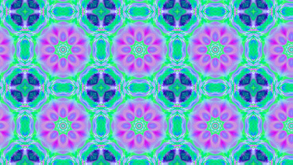 Seamless psychedelic kaleidoscope pattern with neon green, pink and orange mandala symmetry