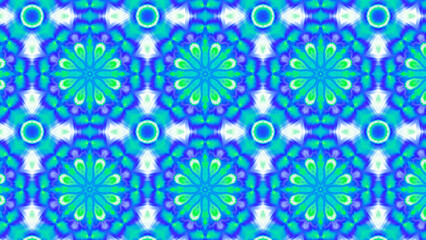 Seamless psychedelic kaleidoscope pattern with neon green, pink and orange mandala symmetry
