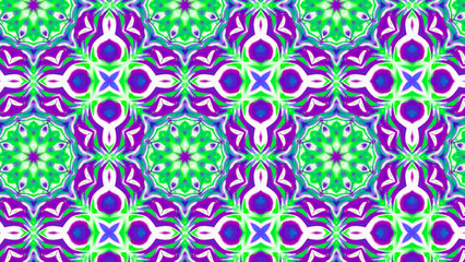 Seamless psychedelic kaleidoscope pattern with neon green, pink and orange mandala symmetry