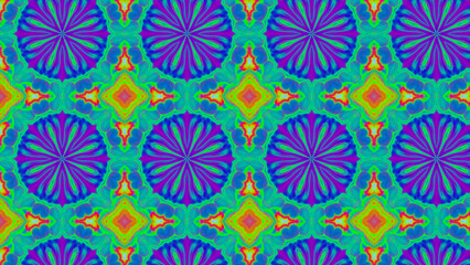 Seamless psychedelic kaleidoscope pattern with neon green, pink and orange mandala symmetry