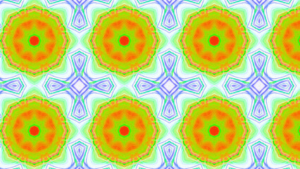 Seamless psychedelic kaleidoscope pattern with neon green, pink and orange mandala symmetry