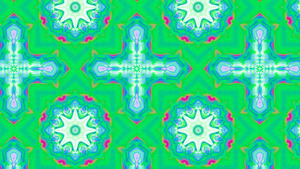 Seamless psychedelic kaleidoscope pattern with neon green, pink and orange mandala symmetry