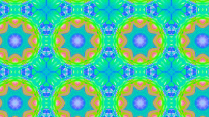 Seamless psychedelic kaleidoscope pattern with neon green, pink and orange mandala symmetry