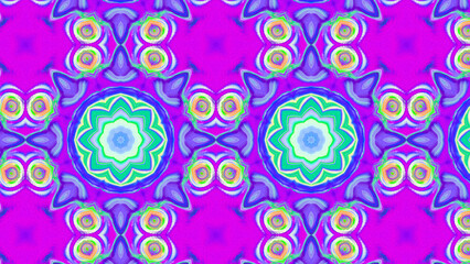 Seamless psychedelic kaleidoscope pattern with neon green, pink and orange mandala symmetry
