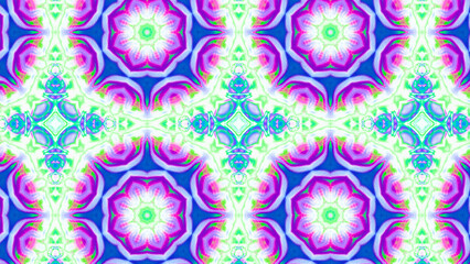 Seamless psychedelic kaleidoscope pattern with neon green, pink and orange mandala symmetry