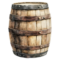 Fototapeta premium Rustic Watercolor Wooden Barrel with Metal Bands: Farmhouse Clipart 