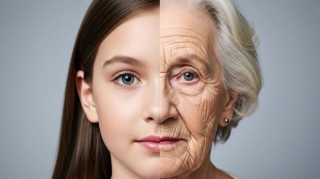 Aging transformation portrait: young girl to elderly woman, time's passage visualized