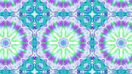 Seamless psychedelic kaleidoscope pattern with neon green, pink and orange mandala symmetry