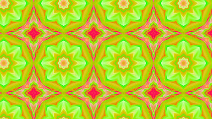 Seamless psychedelic kaleidoscope pattern with neon green, pink and orange mandala symmetry