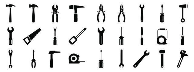 Naklejka premium High-quality black and white tool icons set, 30 mechanical hand tools in organized grid, minimalist silhouettes, clean lines, UI design, engineering, workshop, library reference ready.