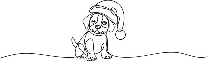 Continuous one line drawing of a cute puppy wearing a Santa hat symbolizing joy, warmth, and festive Christmas spirit in minimalist art style