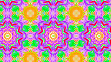 Seamless psychedelic kaleidoscope pattern with neon green, pink and orange mandala symmetry