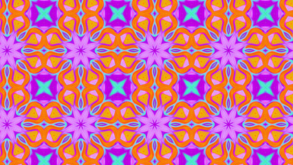 Seamless psychedelic kaleidoscope pattern with neon green, pink and orange mandala symmetry