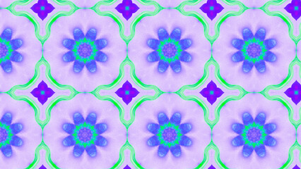 Seamless psychedelic kaleidoscope pattern with neon green, pink and orange mandala symmetry