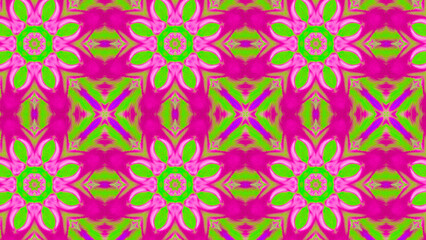 Seamless psychedelic kaleidoscope pattern with neon green, pink and orange mandala symmetry