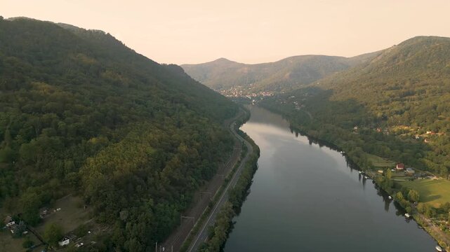 Elbe Labe rive valley nature aerial drone footage, Porta Bohemica region, Czechia