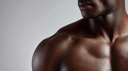 The muscular upper body of a black male model