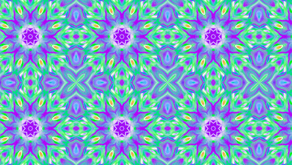 Seamless psychedelic kaleidoscope pattern with neon green, pink and orange mandala symmetry