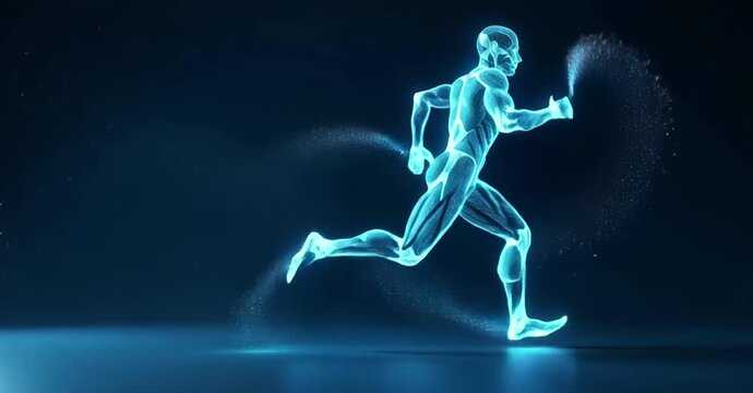 Holographic runner athlete made of light, futuristic sports concept.