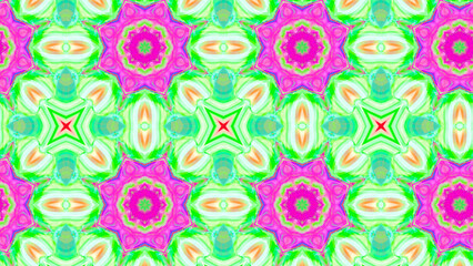 Seamless psychedelic kaleidoscope pattern with neon green, pink and orange mandala symmetry