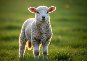 Fototapeta premium A fluffy white lamb stands in a sunlit green field, looking directly at the viewer.