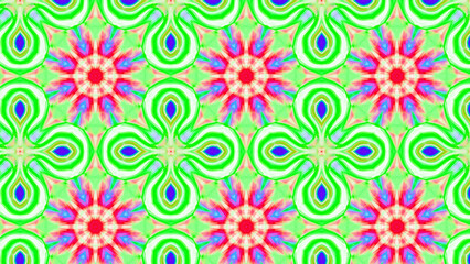 Seamless psychedelic kaleidoscope pattern with neon green, pink and orange mandala symmetry