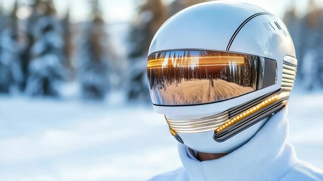 Futuristic helmet with reflective visor winter landscape, showcasing advanced technology and snow