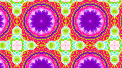 Seamless psychedelic kaleidoscope pattern with neon green, pink and orange mandala symmetry